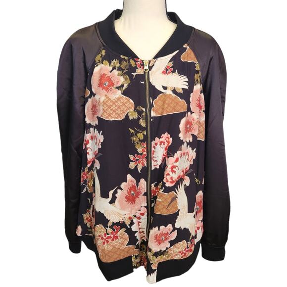 Monroe & Main Satin Floral Crane Bird Long Sleeve Bomber Jacket Plus Size 1X - Picture 1 of 5